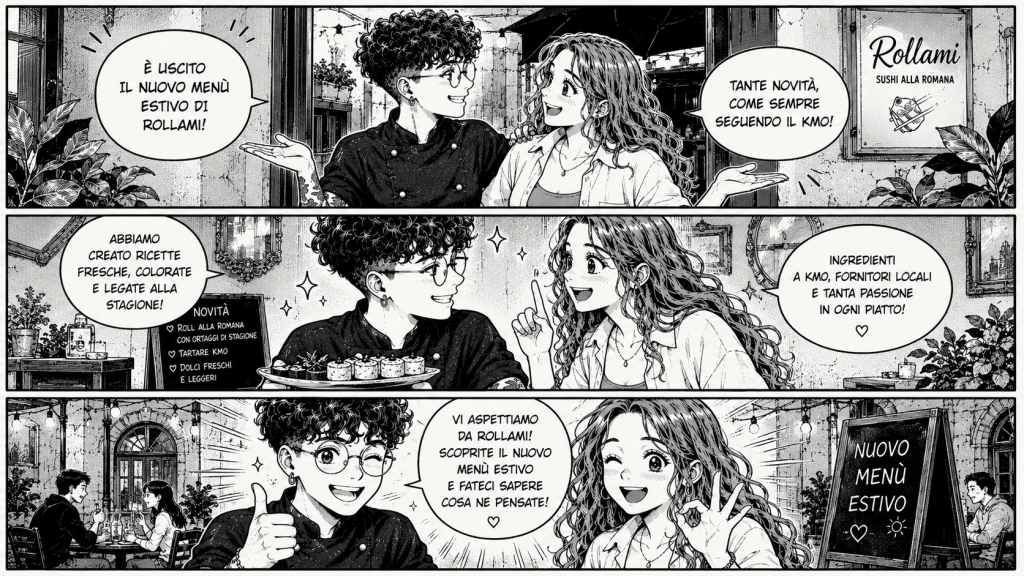 Fumetto che racconta la creazione el nuovo menù estivo di rollami sushi alla romana
